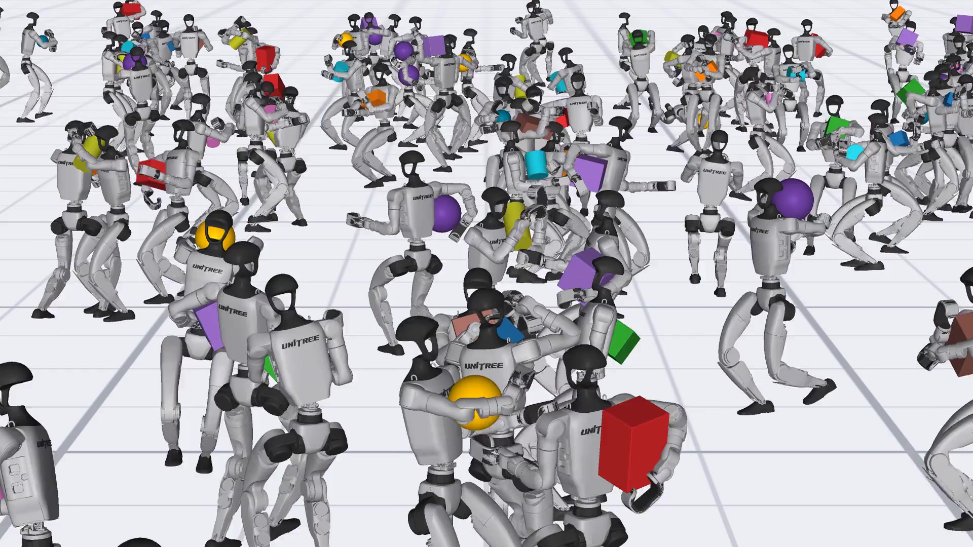HULK grasp-training visualization with multiple carried objects in simulation