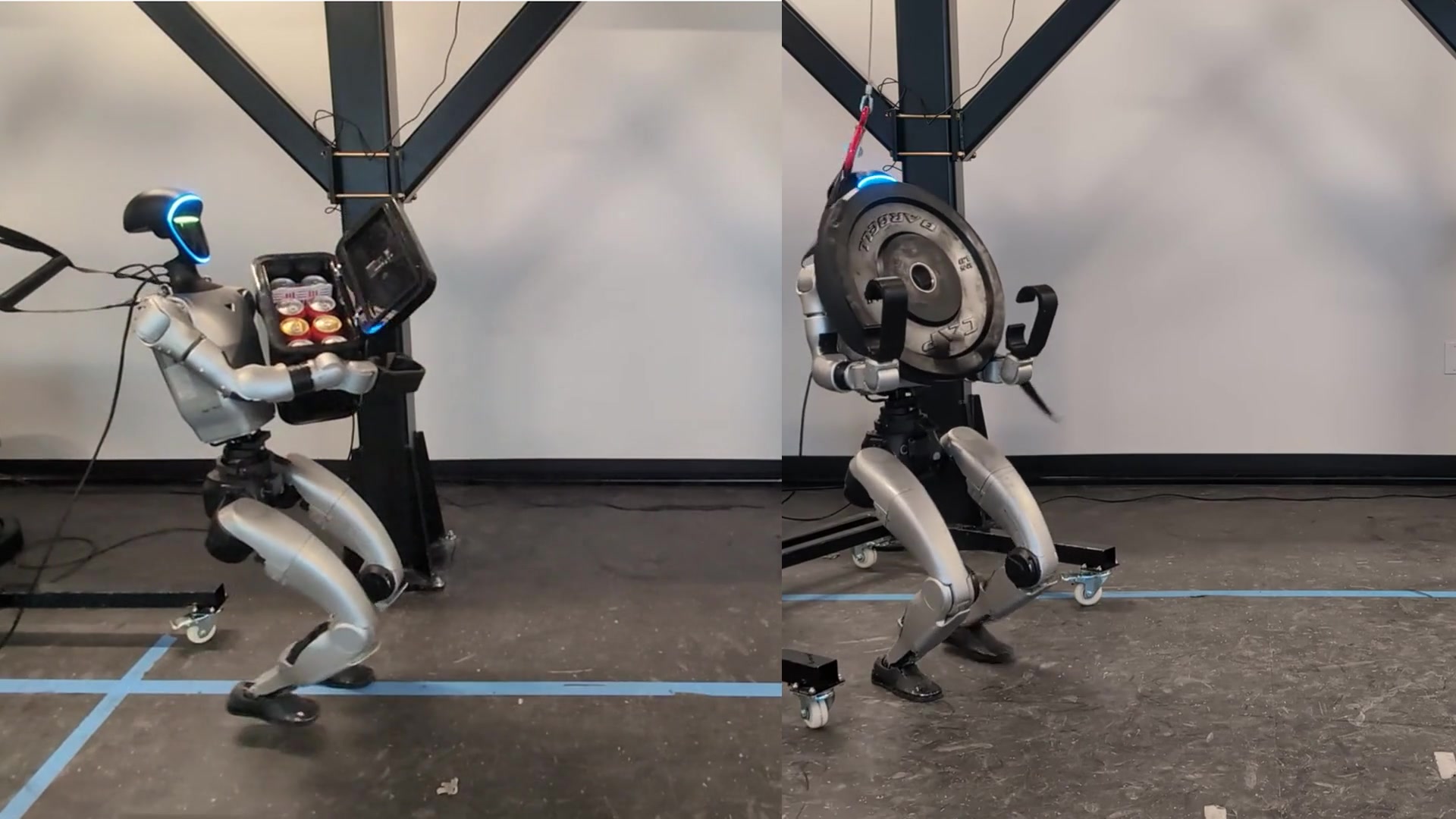 Side-by-side videos of G1 carrying bulky objects