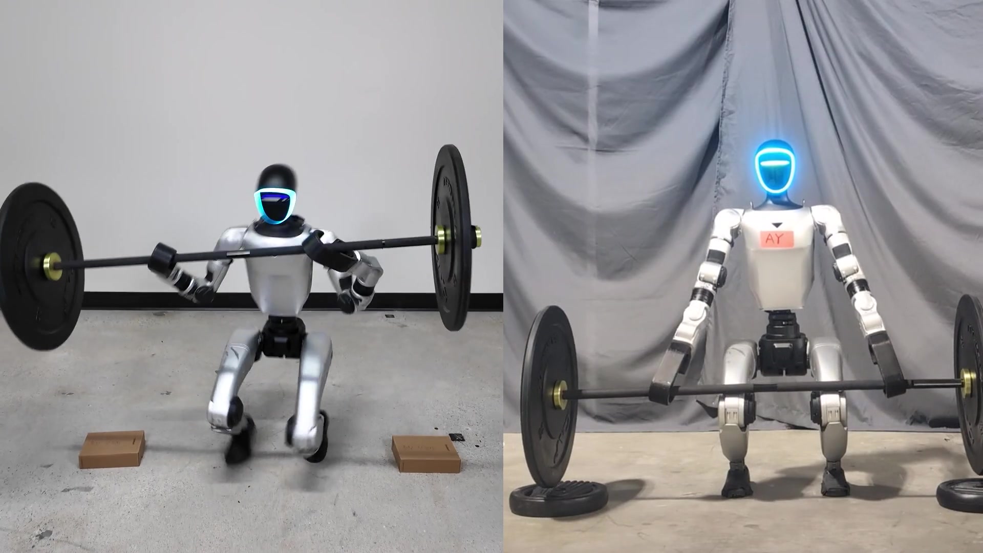 Side-by-side videos of G1 performing a power clean and a deadlift